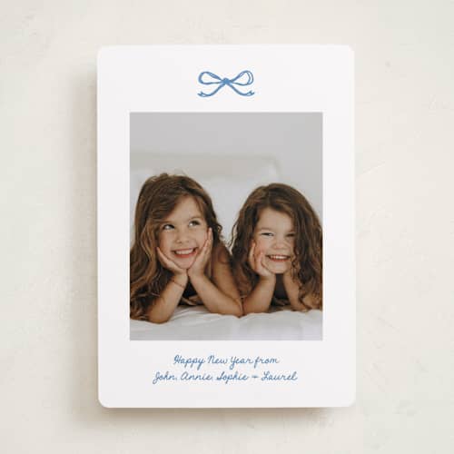 This is a blue spruce holiday photo cards with standard by Kelly Watkins called mini bow printing on recycled smooth signature in standard
