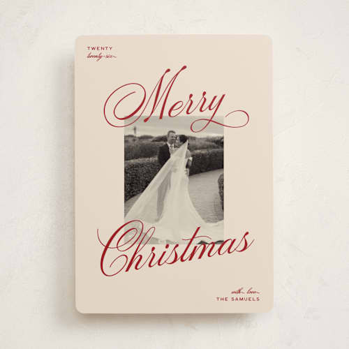 This is a burgundy holiday photo cards with standard by Ellen Schlegelmilch called vintage cinema printing on recycled smooth signature in standard