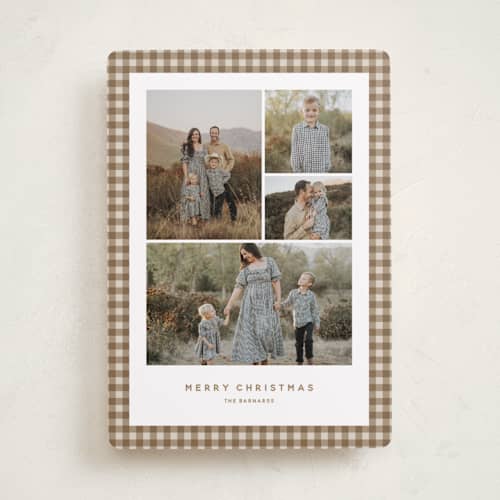 This is a tan holiday photo cards with standard by Stacey Meacham called gingham grid printing on recycled smooth signature in standard