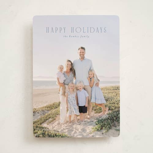This is a powder blue holiday photo cards with standard by Erin L. Wilson called seabreeze printing on recycled smooth signature in standard