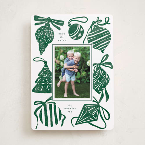 This is a fir holiday photo cards with standard by Corinne Malesic called bauble & bow printing on recycled smooth signature in standard