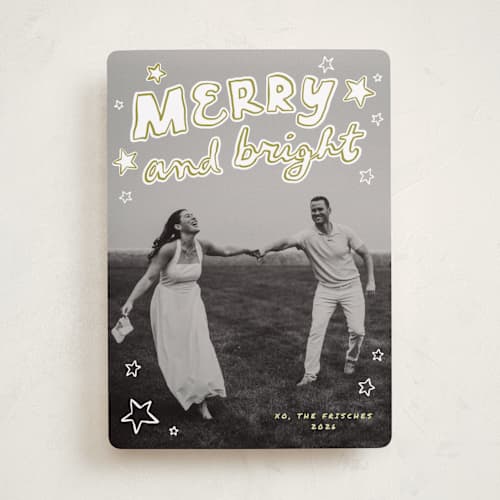 This is a chartreuse holiday photo cards with standard by Everett Paper Goods called casual written printing on recycled smooth signature in standard