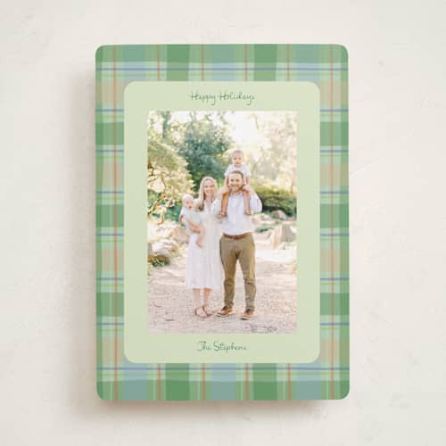 This is a pine holiday photo cards with standard by Lauren Jopling called painted holiday plaid printing on recycled smooth signature in standard