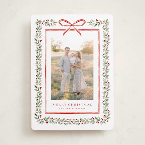 This is a holly berry holiday photo cards with standard by Wildfield Paper Co called eucalyptus + holly printing on recycled smooth signature in standard