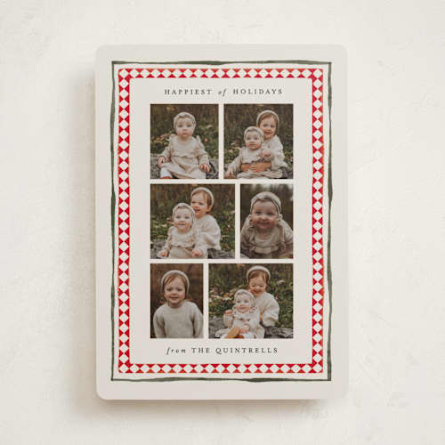 This is a candy cane holiday photo cards with standard by Jackie Crawford called holiday diamond border printing on recycled smooth signature in standard