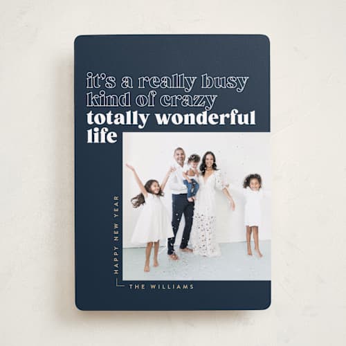 This is a navy holiday photo cards with standard by Robert and Stella called totally wonderful printing on recycled smooth signature in standard