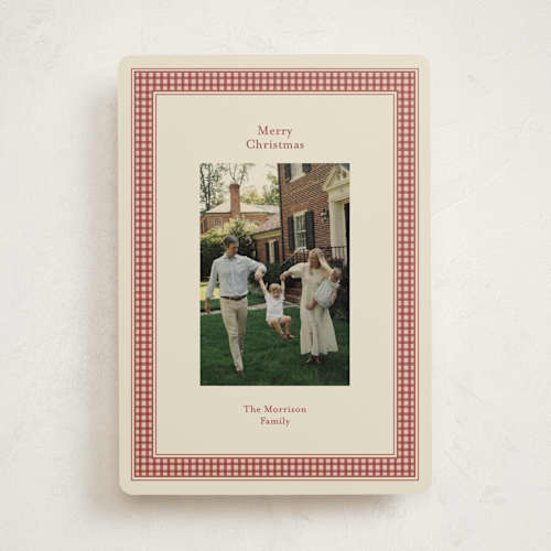 This is a cranberry holiday photo cards with standard by Ellen Schlegelmilch called gingham ribbon printing on recycled smooth signature in standard