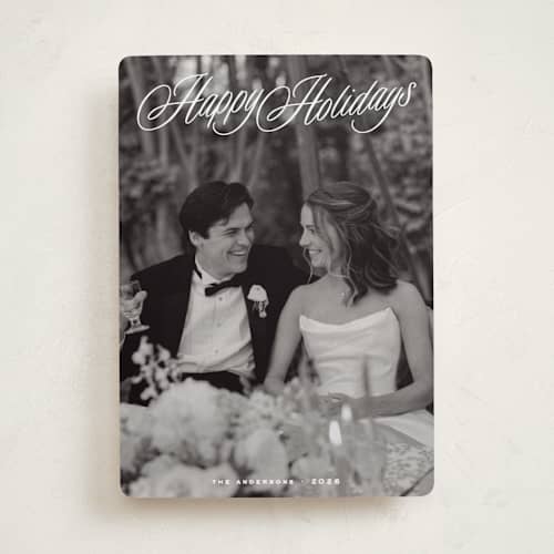 This is a snow holiday photo cards with standard by JoAnn Jinks called heirloom script printing on recycled smooth signature in standard
