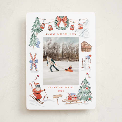 This is a santa suit holiday photo cards with standard by Sarah Knight called snow much fun printing on recycled smooth signature in standard
