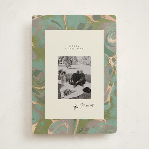 This is a sage holiday photo cards with standard by Leia Matt called marbled editorial printing on recycled smooth signature in standard