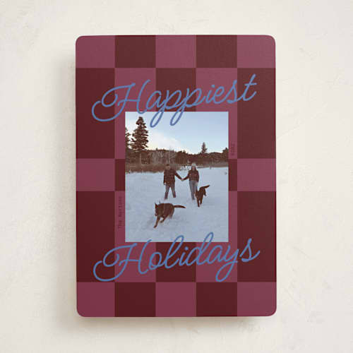 This is a burgundy holiday photo cards with standard by Inkblot Design called cozy checkers printing on recycled smooth signature in standard