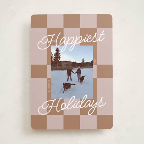 This is a nude holiday photo cards with standard by Inkblot Design called cozy checkers printing on recycled smooth signature in standard