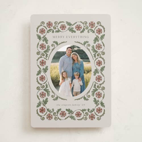 This is a maroon holiday photo cards with standard by Jen Owens called heritage wrap printing on recycled smooth signature in standard