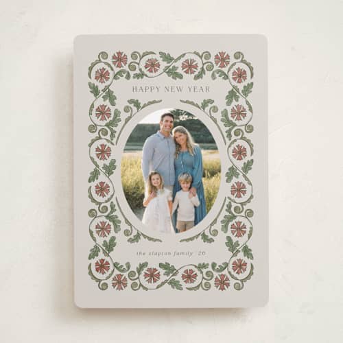 This is a maroon holiday photo cards with standard by Jen Owens called heritage wrap printing on recycled smooth signature in standard