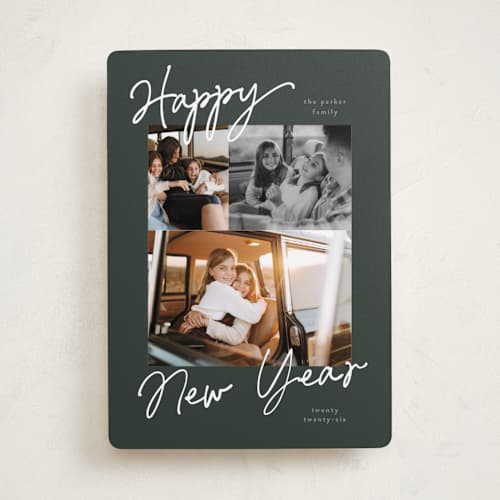 This is a evergreen holiday photo cards with standard by Pixel and Hank called scripted trio printing on recycled smooth signature in standard