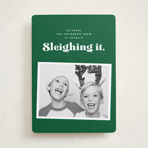 This is a elf holiday photo cards with standard by Corinne Malesic called sleighing it printing on recycled smooth signature in standard