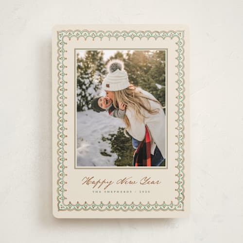 This is a pine holiday photo cards with standard by letterfix called scallop trim printing on recycled smooth signature in standard