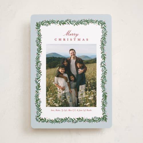 This is a frost holiday photo cards with standard by Amy Kross called spruce edge printing on recycled smooth signature in standard