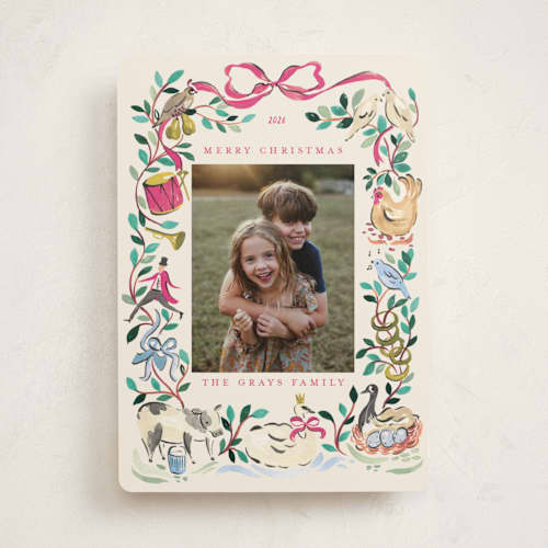 This is a jewel holiday photo cards with standard by Sarah Knight called 12 days of christmas printing on recycled smooth signature in standard