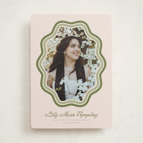 This is a matcha graduation announcements with standard by Melanie Kosuge called scalloped printing on recycled smooth signature in standard