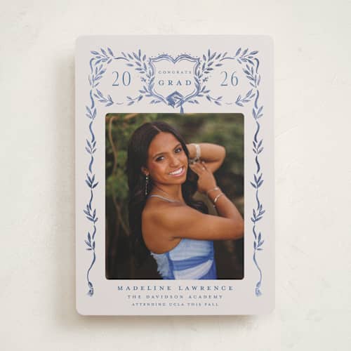 This is a indigo graduation announcements with standard by Petra Kern called grad crest printing on recycled smooth signature in standard