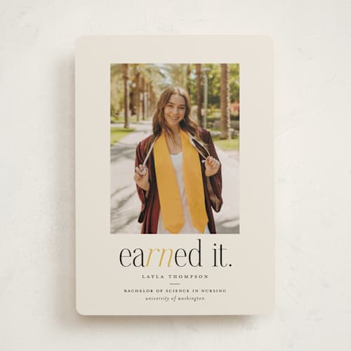 This is a marigold graduation announcements with standard by Louise Kay called earned it printing on recycled smooth signature in standard