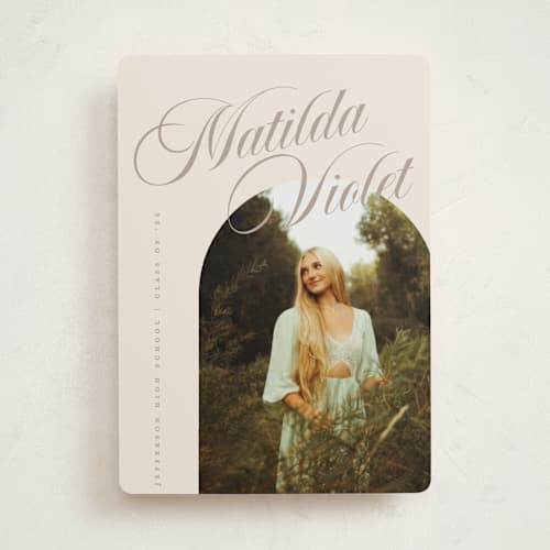 This is a almond graduation announcements with standard by Morgan Kendall called modern curves printing on recycled smooth signature in standard