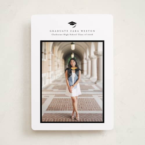 This is a cotton graduation announcements with standard by Stacey Meacham called elegant frame printing on recycled smooth signature in standard