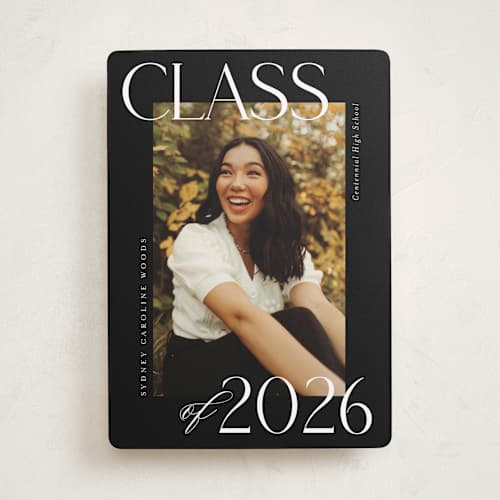This is a licorice graduation announcements with standard by Jessica Williams called scholarly surround printing on recycled smooth signature in standard
