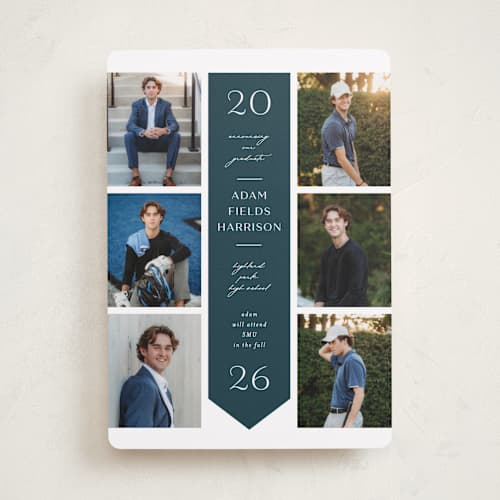 This is a navy graduation announcements with standard by Lauren Chism called center stole printing on recycled smooth signature in standard
