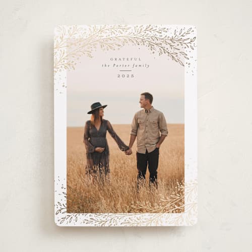 This is a pearl thanksgiving cards invitations with foil pressed by Anastasia Makarova called autumn branches printing on recycled smooth signature in standard
