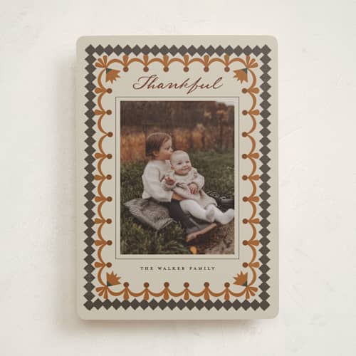 This is a pumpkin thanksgiving cards invitations with standard by Maja Cunningham called vintage folk border printing on recycled smooth signature in standard