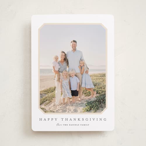 This is a buttercream thanksgiving cards invitations with standard by Carolyn MacLaren called vintage bevel printing on recycled smooth signature in standard