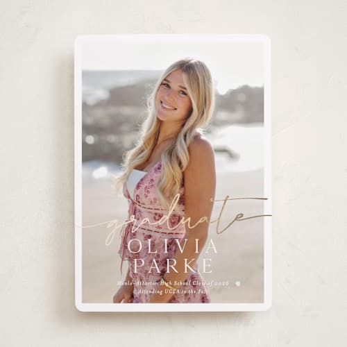 This is a snow graduation announcements with foil pressed by Sarah Curry called graduate script printing on recycled smooth signature in standard