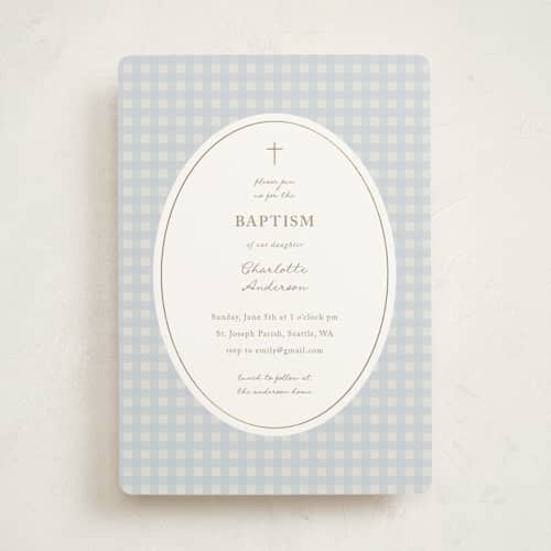This is a powder baptism and christening announcements with foil pressed by Stephanie Heinrich Godbout called gentle beginnings printing on signature in standard