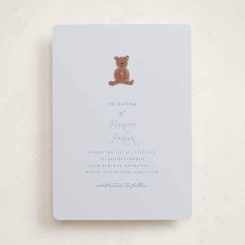 This is a sky baptism and christening announcements with foil pressed by Baumbirdy called blessing bear printing on signature in standard