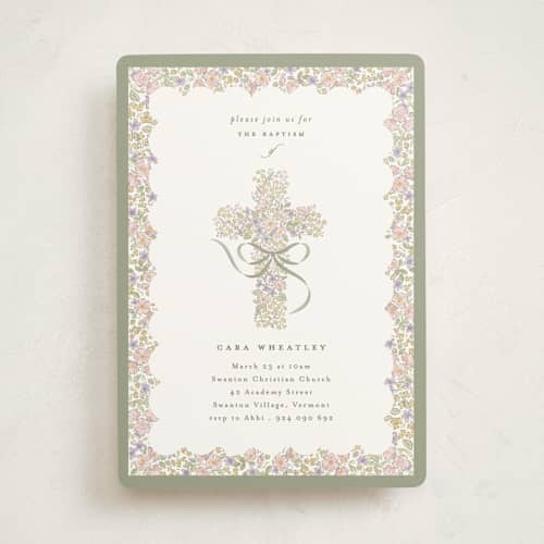 This is a sage baptism and christening announcements with standard by Corinne Malesic called cottage garden printing on signature in standard