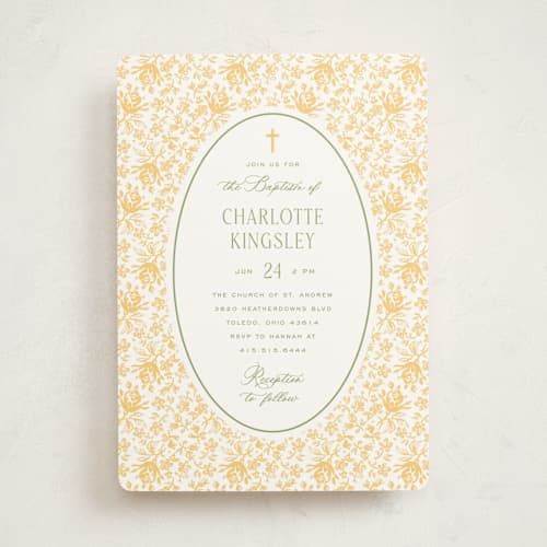 This is a daffodil baptism and christening announcements with standard by Heather Schertzer called calico printing on signature in standard
