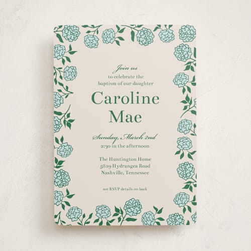 This is a powder baptism and christening announcements with standard by Michelle Buckner called hydrangea printing on signature in standard
