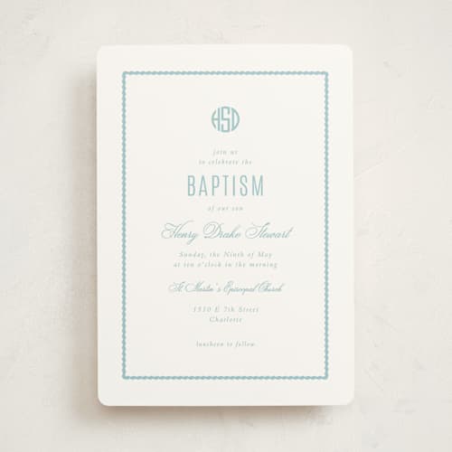 This is a robins egg baptism and christening announcements with standard by Olivia Raufman called circle monogram printing on signature in standard