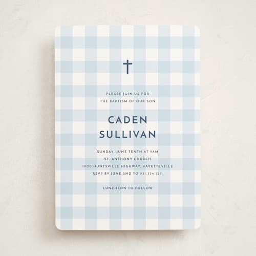 This is a sky baptism and christening announcements with standard by Stacey Meacham called sweetest gingham printing on signature in standard