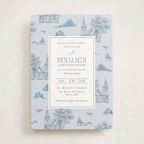 This is a sky baptism and christening announcements with standard by Corinne Malesic called churchyard toile printing on signature in standard