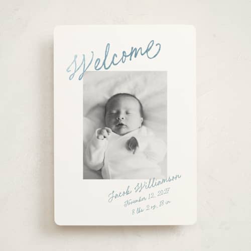 This is a cotton foil stamped birth announcements with foil pressed by Stacy Maalouf called sweet welcome printing on signature in standard
