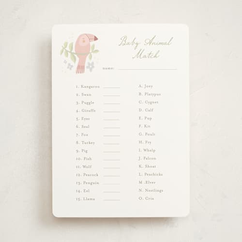 This is a jungle baby shower game activity cards with standard by Pixel and Hank called littlest friends printing on signature in standard