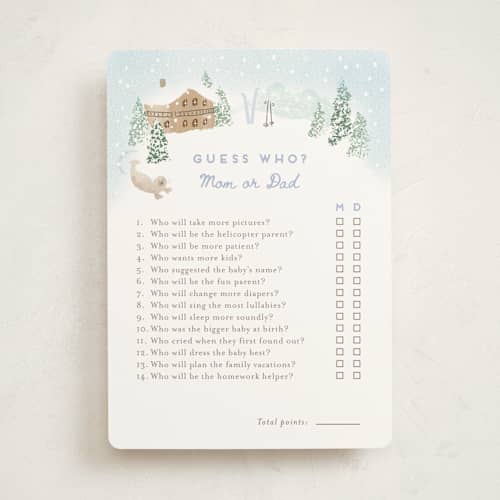 This is a frost baby shower game activity cards with standard by Jennifer Wick called apres bebe printing on signature in standard