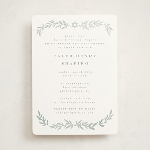 This is a mint bris baby naming invitations with standard by Everett Paper Goods called simple foliage printing on signature in standard