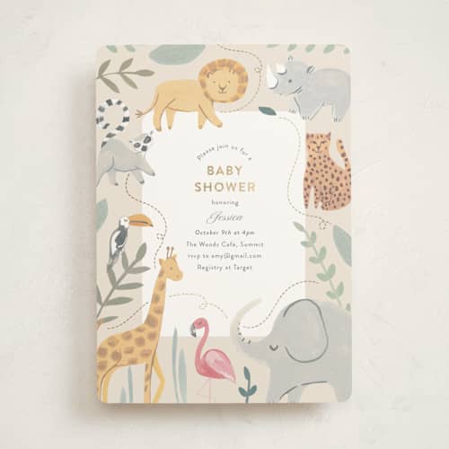 This is a sunshine foil stamped baby shower invitations with foil pressed by Teju Reval called safari dreams printing on signature in standard