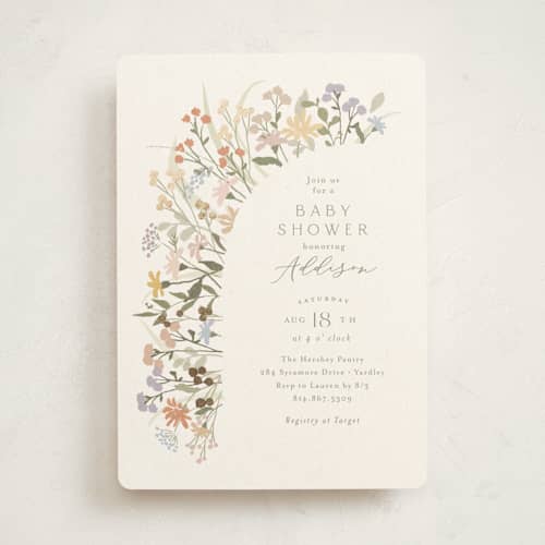 This is a vanilla foil stamped baby shower invitations with foil pressed by Jennifer Wick called meadow flowers printing on signature in standard