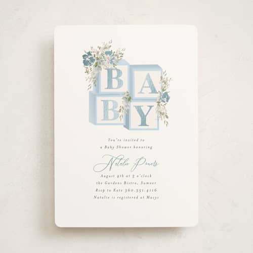 This is a baby blue foil stamped baby shower invitations with foil pressed by Itsy Belle Studio called botanical blocks printing on signature in standard