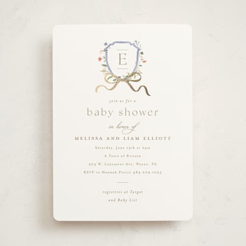 This is a icing foil stamped baby shower invitations with foil pressed by Everett Paper Goods called floral crested printing on signature in standard